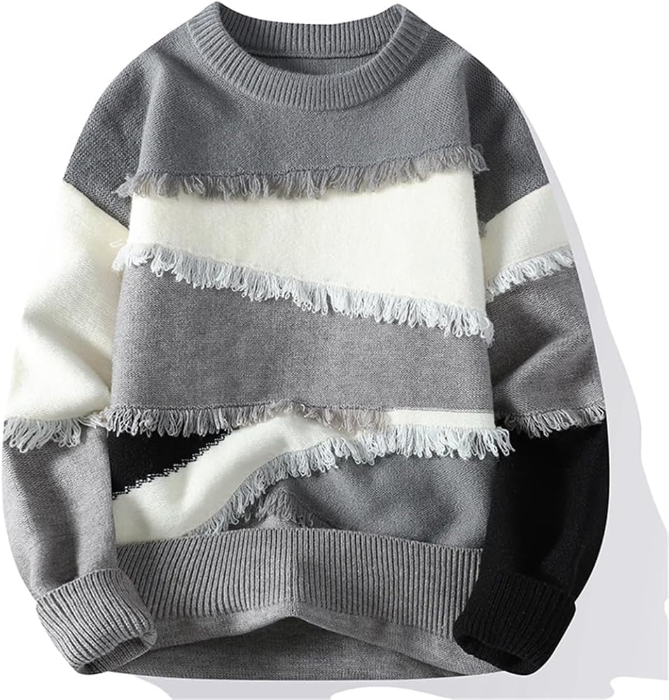VibesPrints Fringe-Stripe Knit Sweater – Modern Grey & Cream Textured Style