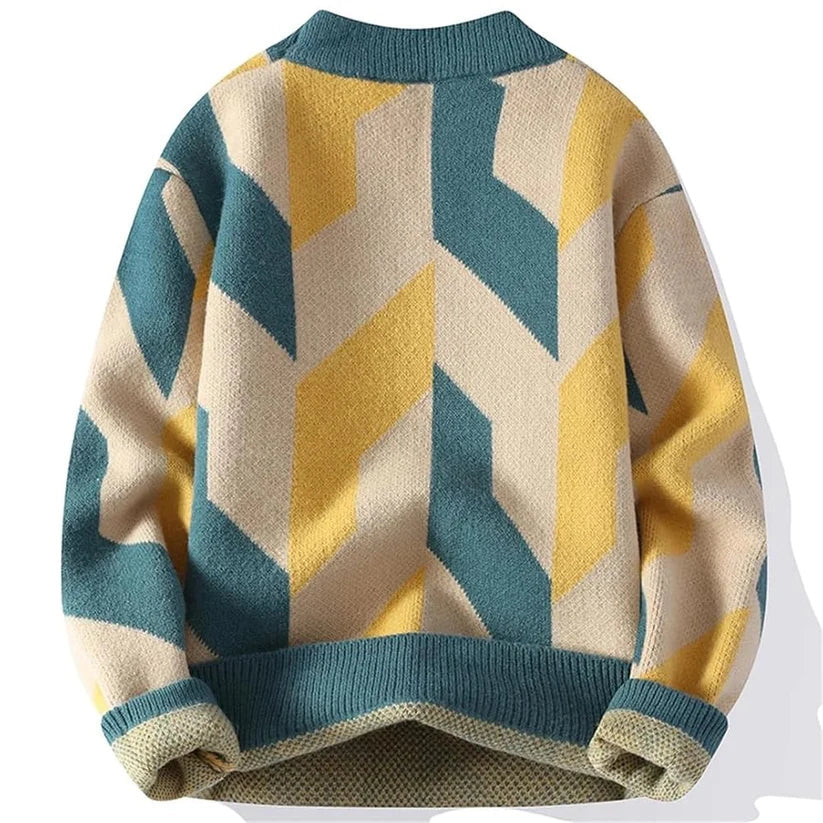 VibesPrints “Geo Retro” Knit Sweater – Teal & Mustard