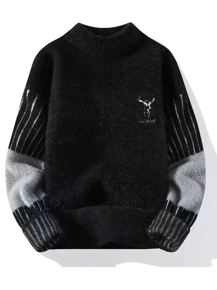 BrazilPrints Classic Black Knit Sweater – Premium Fuzzy Warmth with Minimal Deer Design