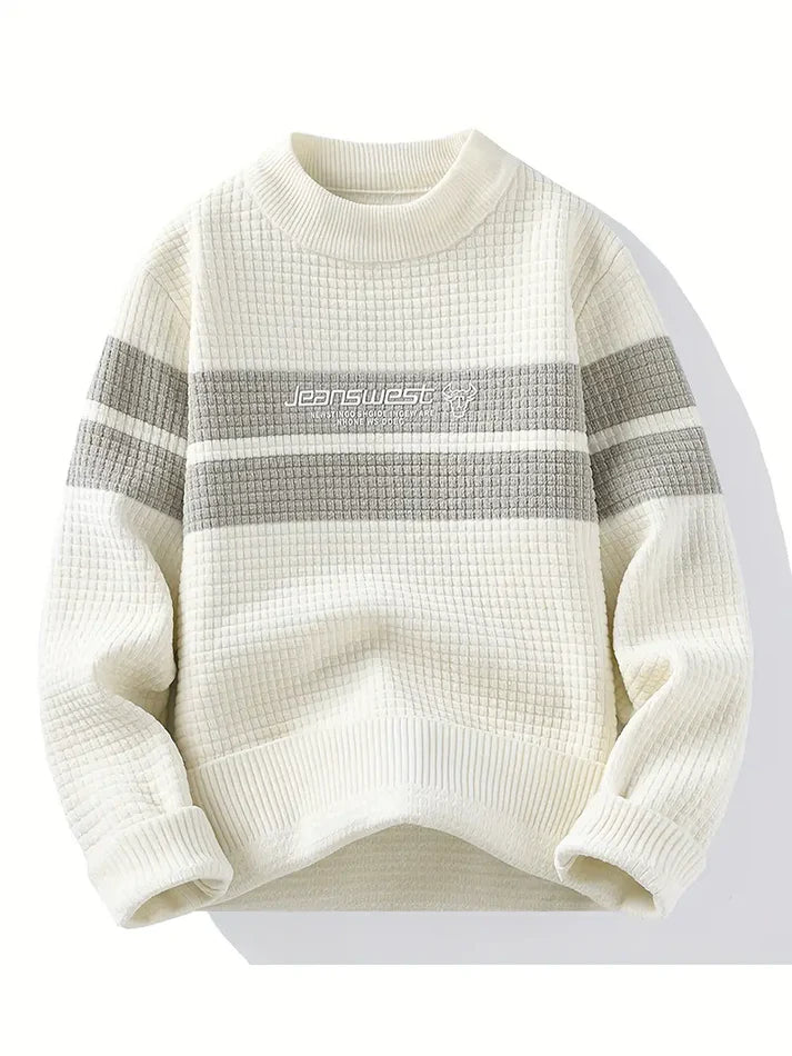 BrazilPrints Waffle Knit Sweater – Elegant Cream & Grey Minimal Classic