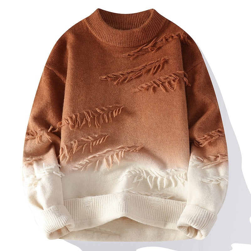VibesPrints Ombre Leaf Knit Sweater – Warm Brown & Cream Gradient Design
